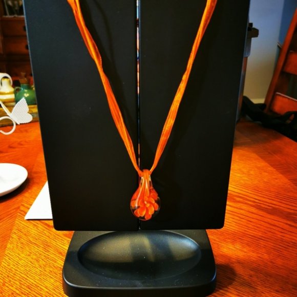 Art Glass Pendent Clear Glass with Orange Flower ~ Ribbon and Cord Nec… - Picture 2 of 16